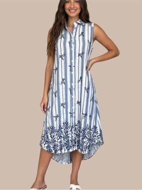Boho Chic Embroidered Cotton Striped Appliqué Midi Dress Blue and Ivory Size S